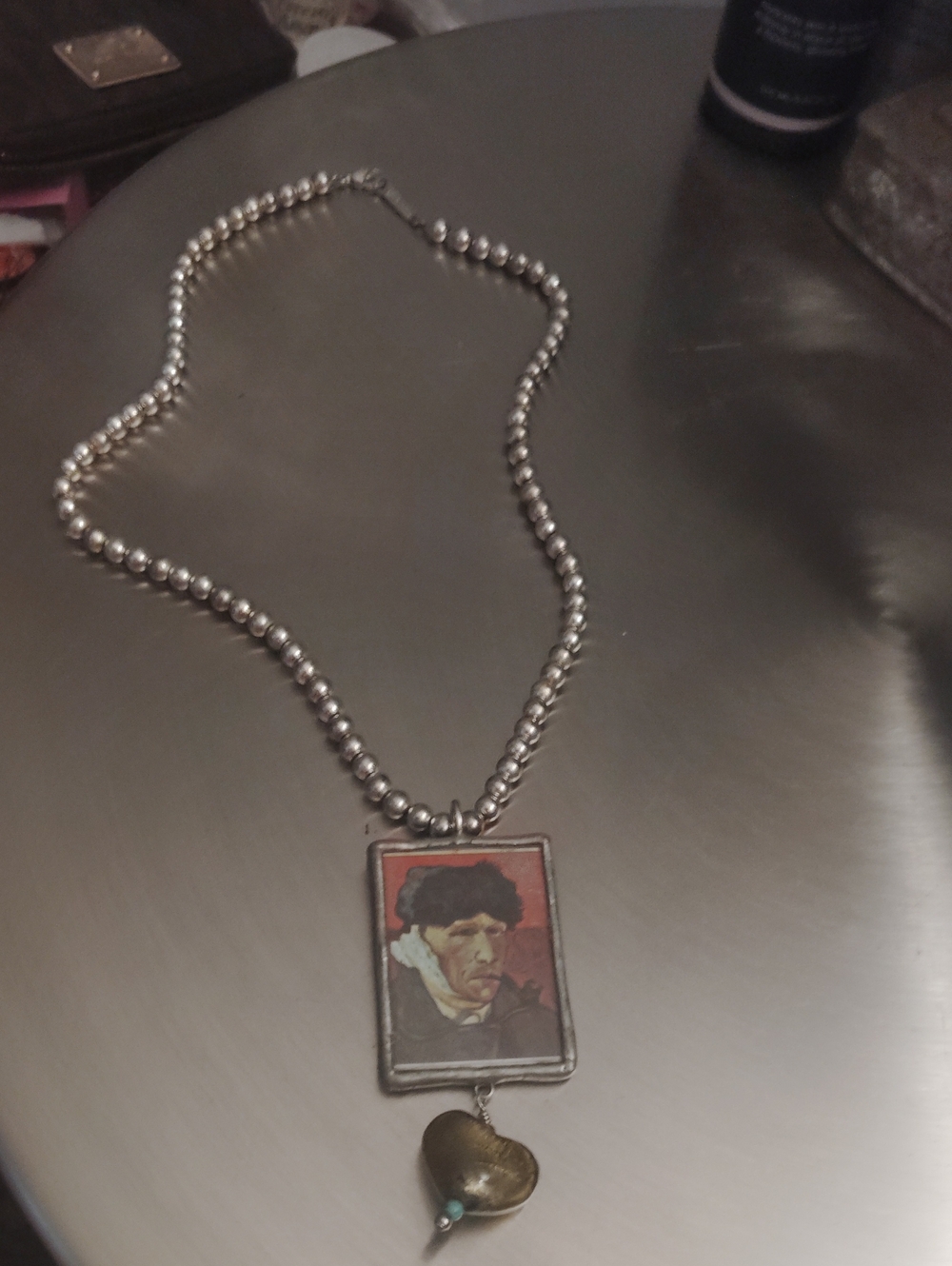 Silver-Tone Beaded Necklace with Art Pendant and Gold Heart Charm